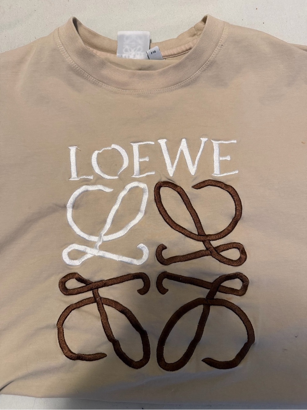 Loewe Beige Short Sleeve Tee with White and Brown Embroidered Logo Motif